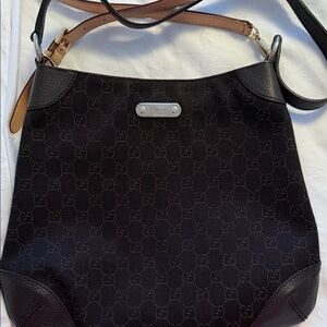 Gucci Black Monogram Shoulder Bag with Tan Strap Accents